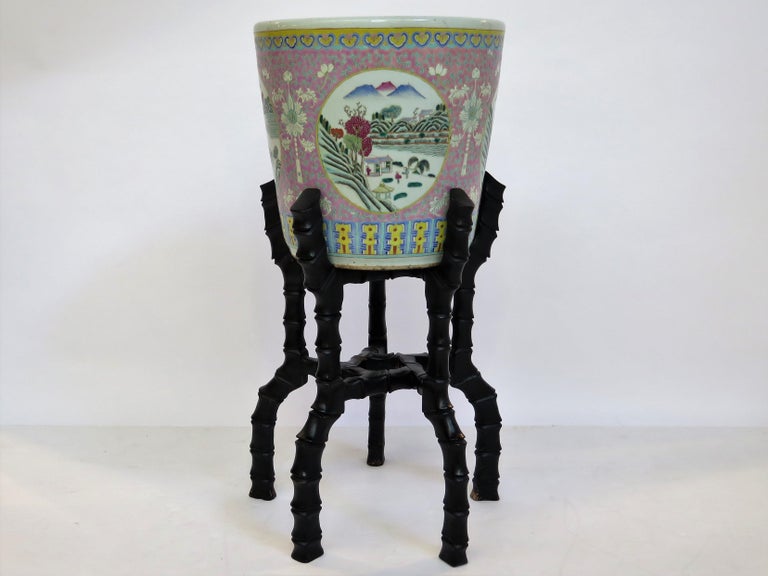 Large 19th Century Chinese Porcelain Jardinière on Carved Wooden Stand