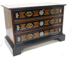 An Italian Ebonized Fruitwood and Bone Inlaid Thee Drawer Commode