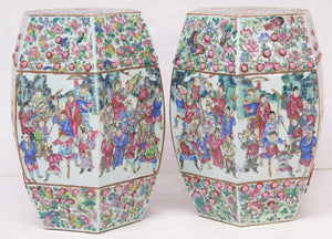 Pair of Antique Chinese Porcelain Faceted Barrel Shaped Garden Seats