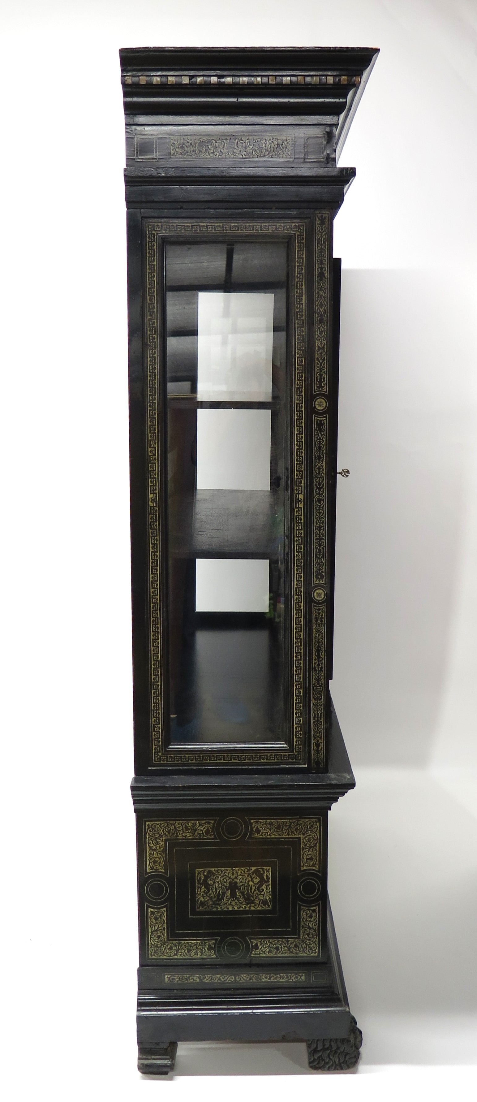 North Italian Ebonized Marquetry Inlaid Vitrine Cabinet Illuminated