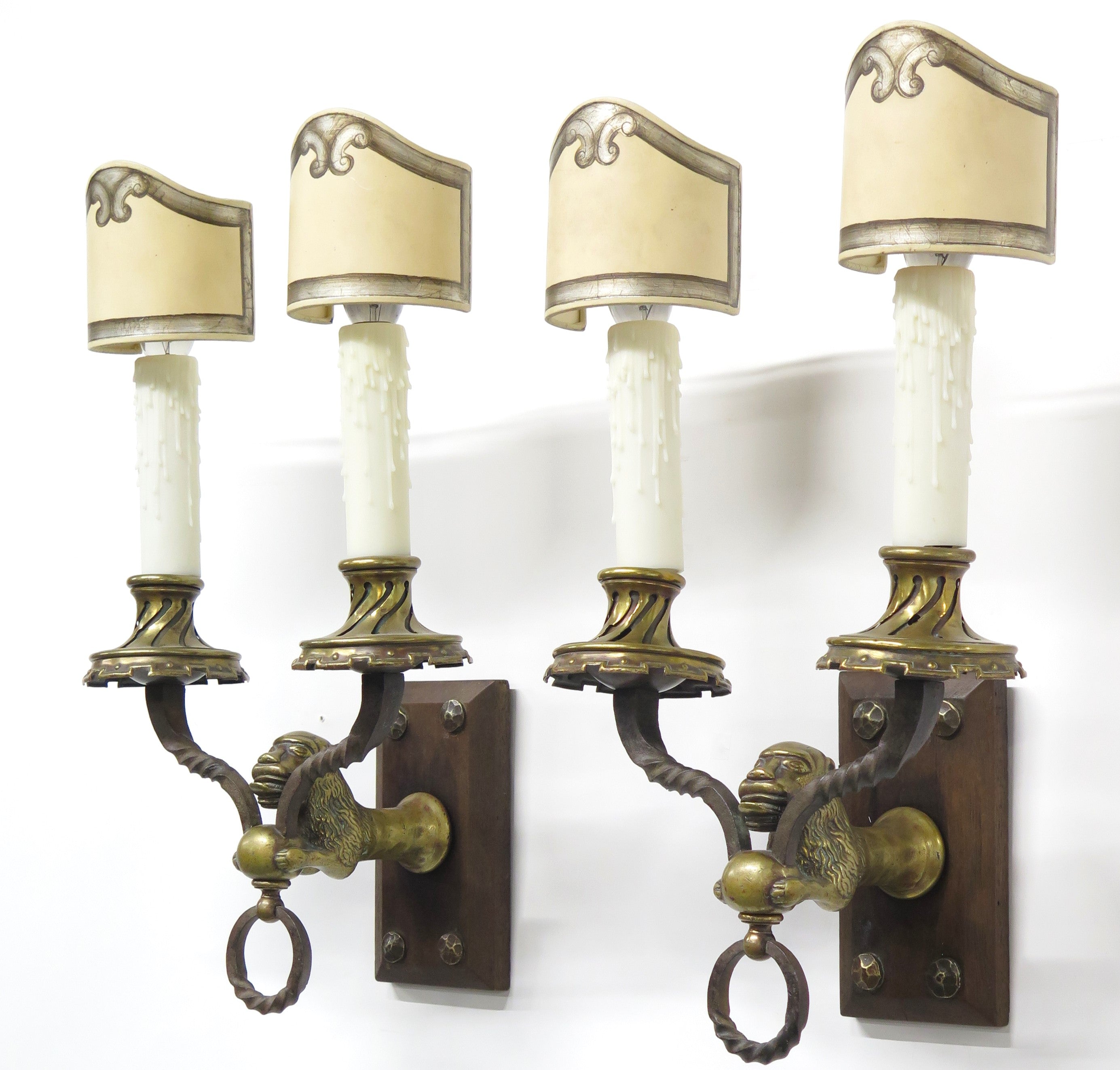 A Pair of Early 20th C. Hand Wrought Iron Two Light Sconces