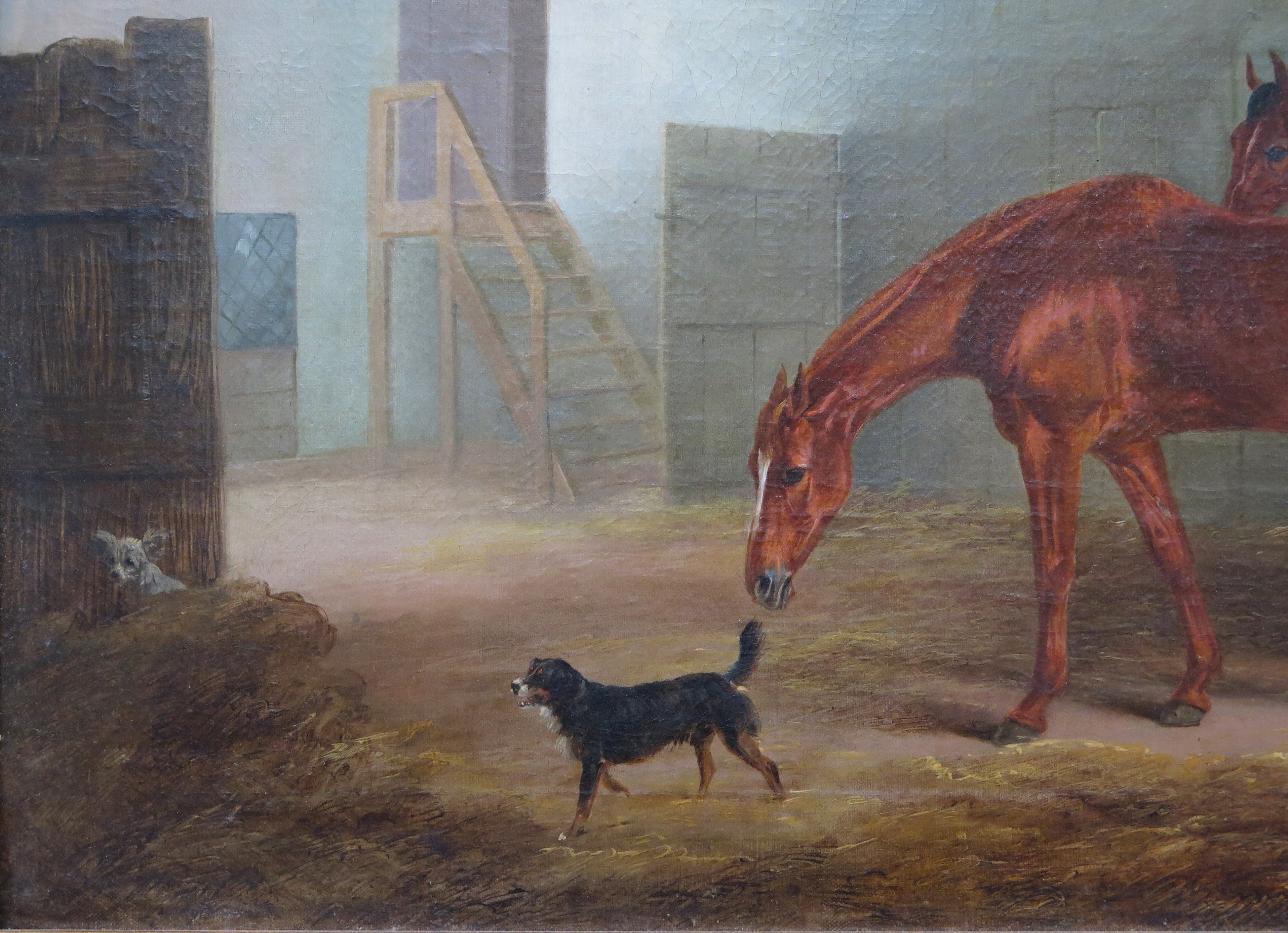 English School Oil on Canvas Depicting Horses and Dogs in a Stable