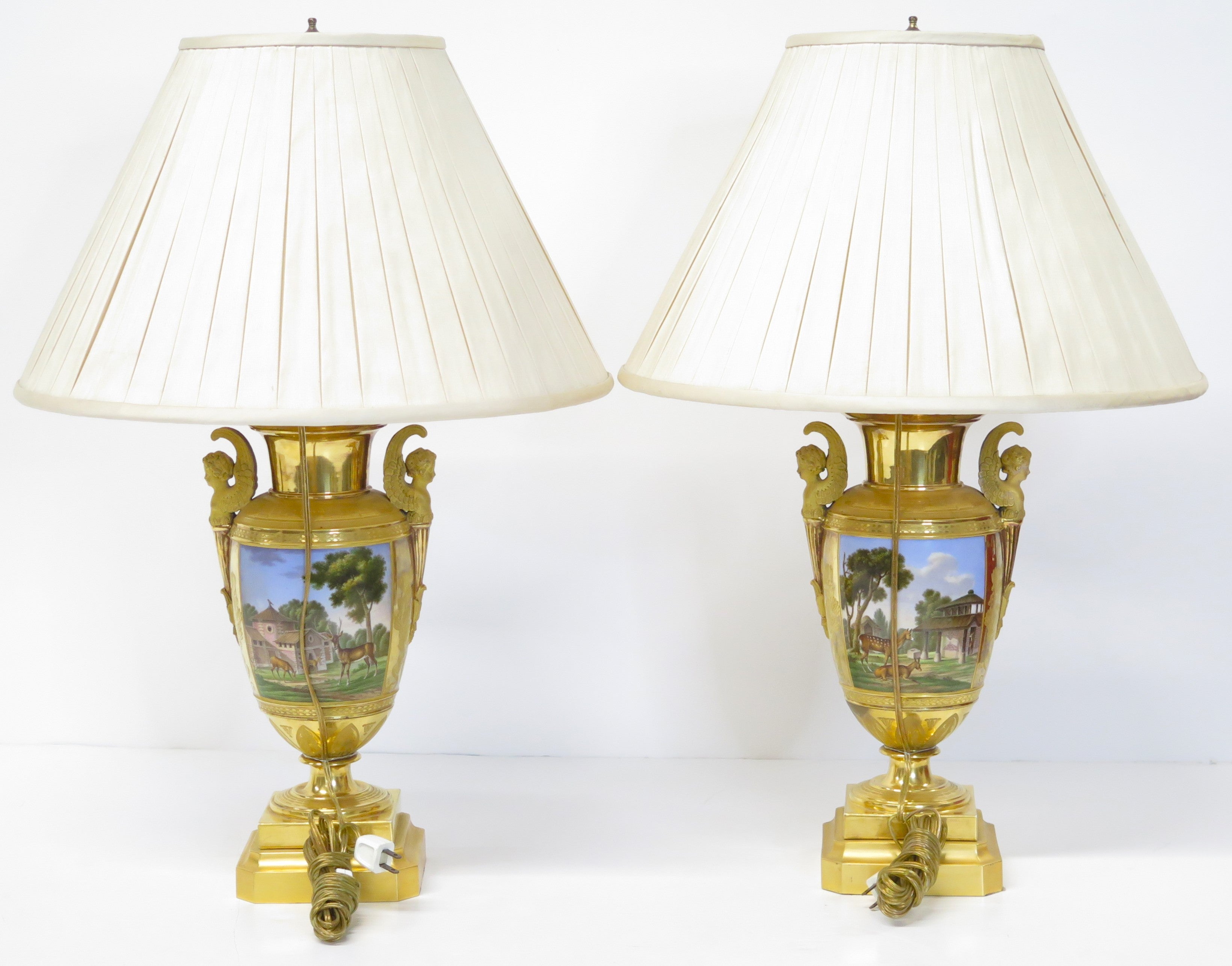 Pair of Gilt Bronze and "Old Paris" Porcelain Neoclassical Table Lamps