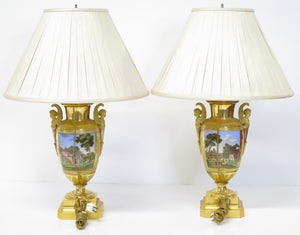 Pair of Gilt Bronze and "Old Paris" Porcelain Neoclassical Table Lamps