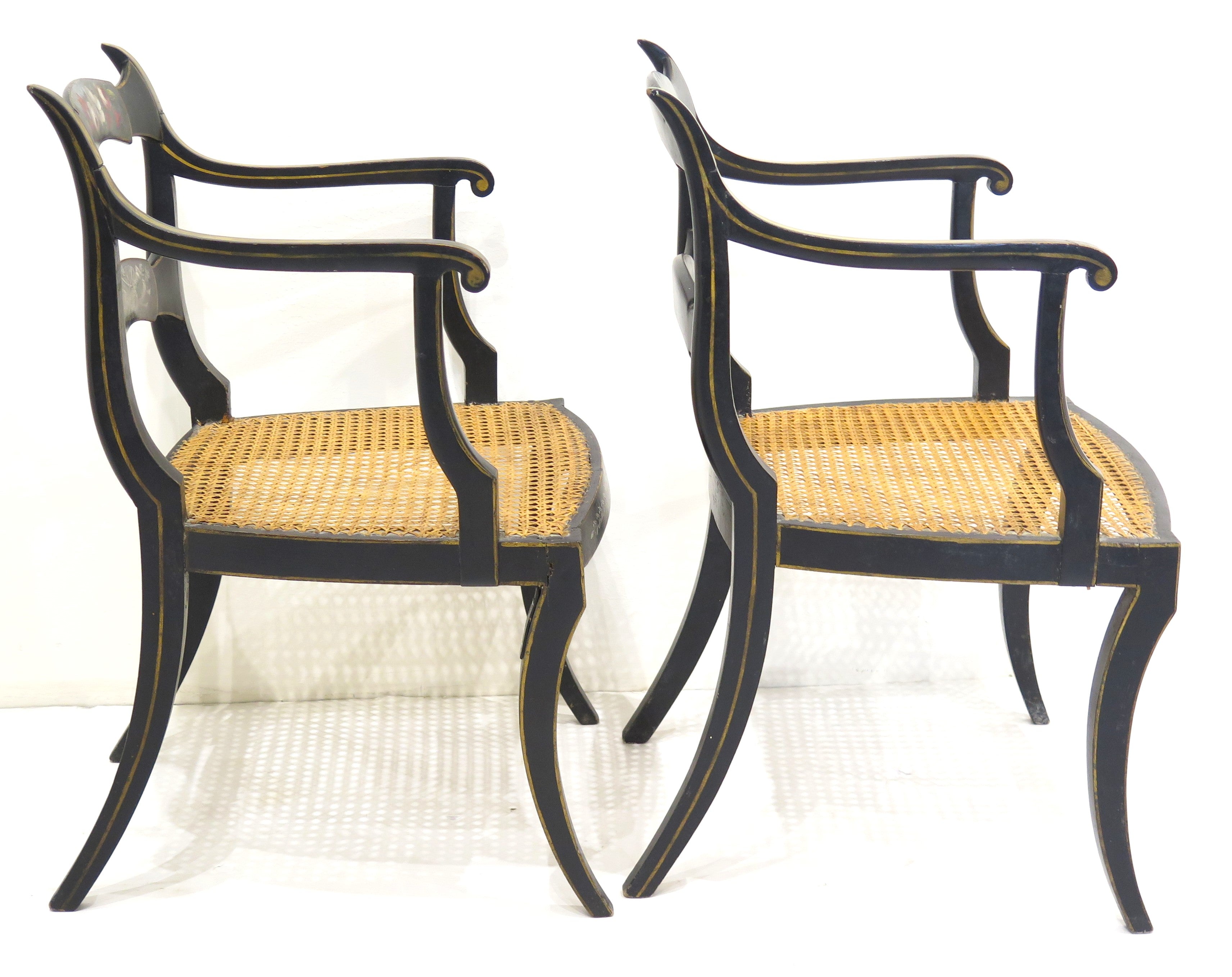 Pair of 19th Century English Black Painted Open Armchairs