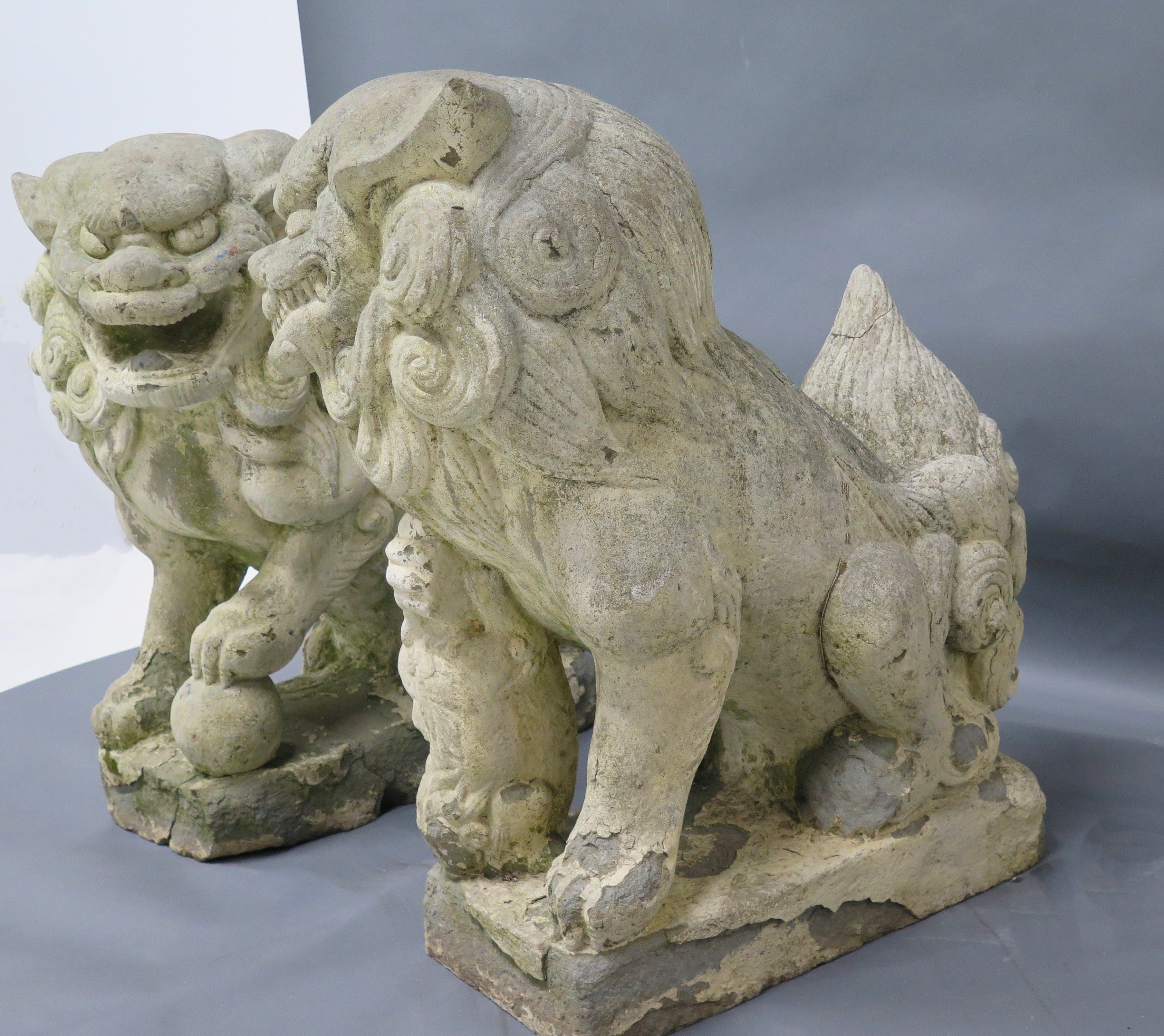 Pair of Large Scale Carved Stone Chinese Foo Dogs / Temple Lions