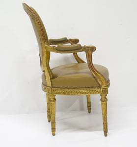 Louis XVI-Style Carved and Gilded Leather Fauteuil