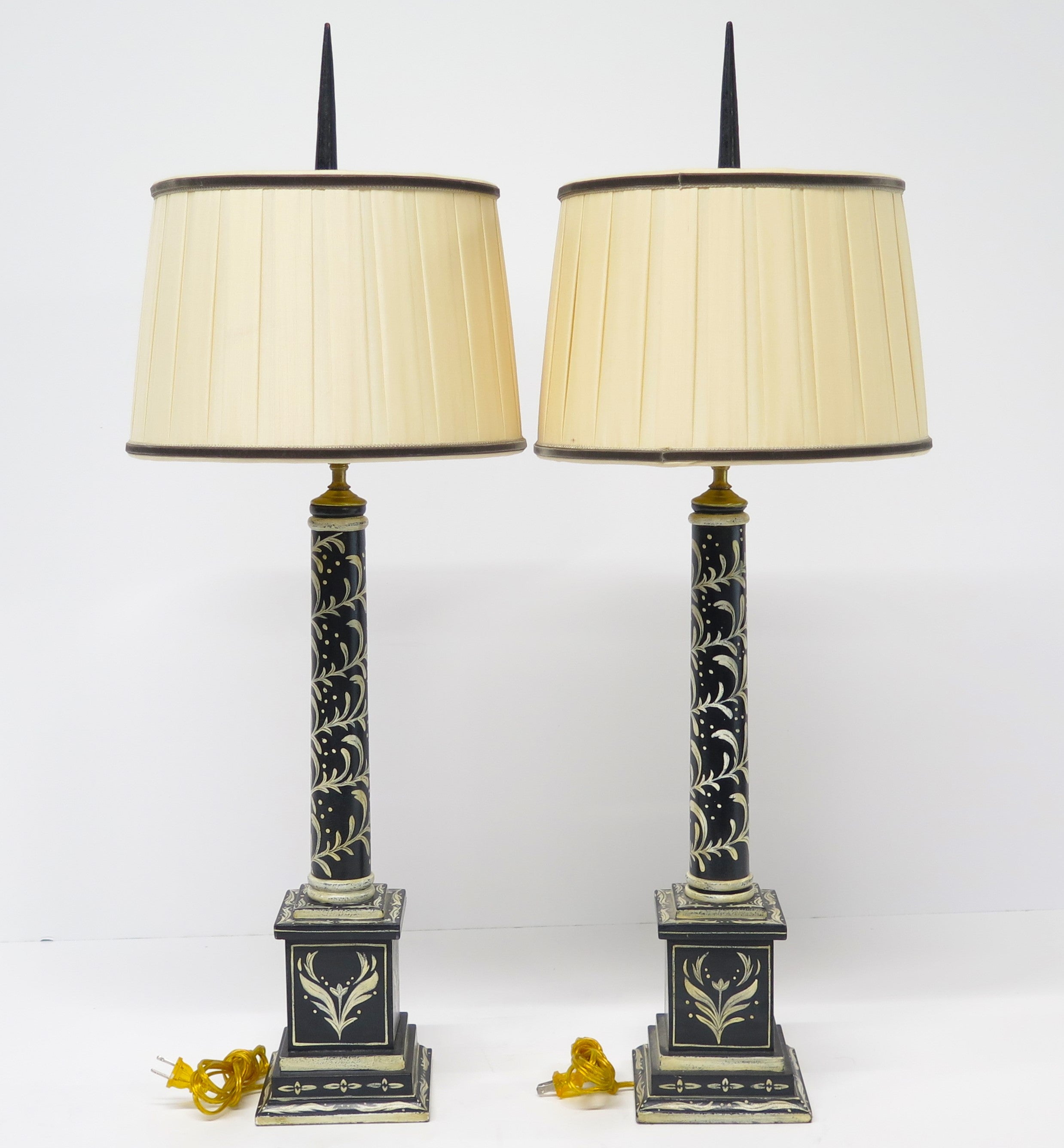 Pair of Black and White Painted Wooden Column Table Lamps