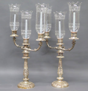 Sheffield Silver Candelabra with Etched Hurricane Shades