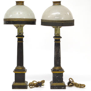 Pair of Tole Carcel "Sinumbra" Table Lamps with Etched Glass Shades