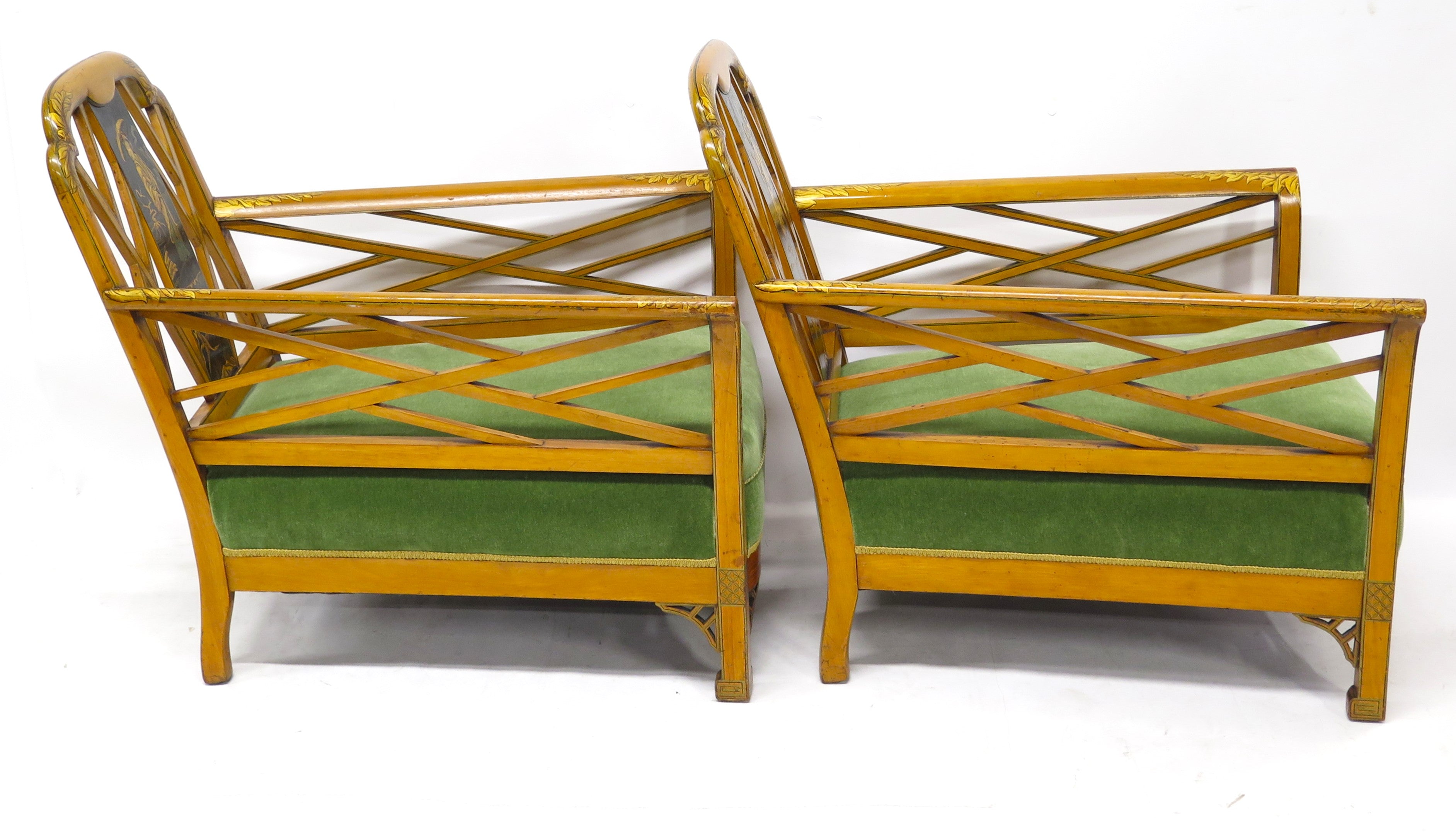 Pair of Satinwood Lounge Chairs in a Chinese-Chippendale-Style