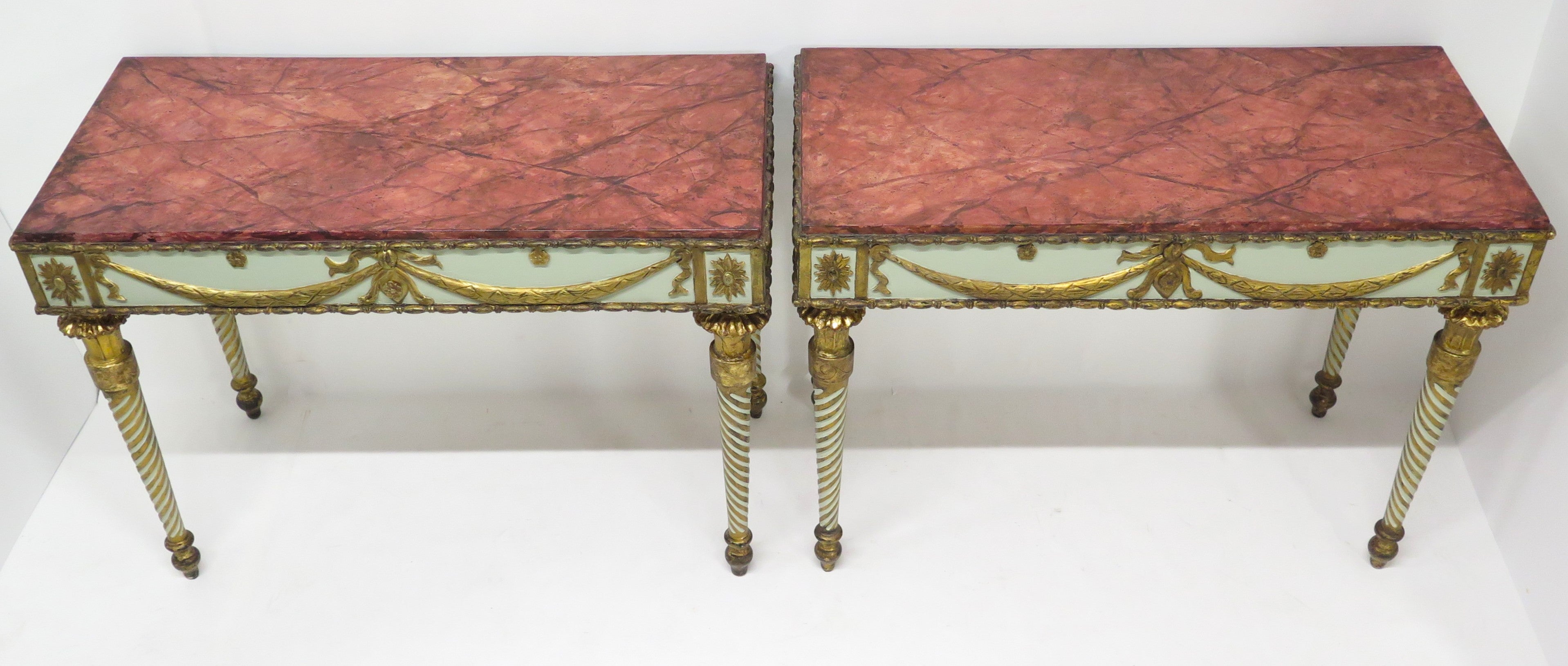 Neoclassic Style Painted Console Tables with Faux Marble Tops