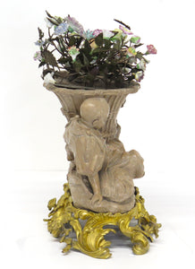 A Louis XV-Style Ormolu Mounted Terracotta Tôle Painted and Porcelain Centerpiece