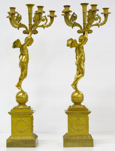 A Pair of French Empire Six Light Figural Candelabra