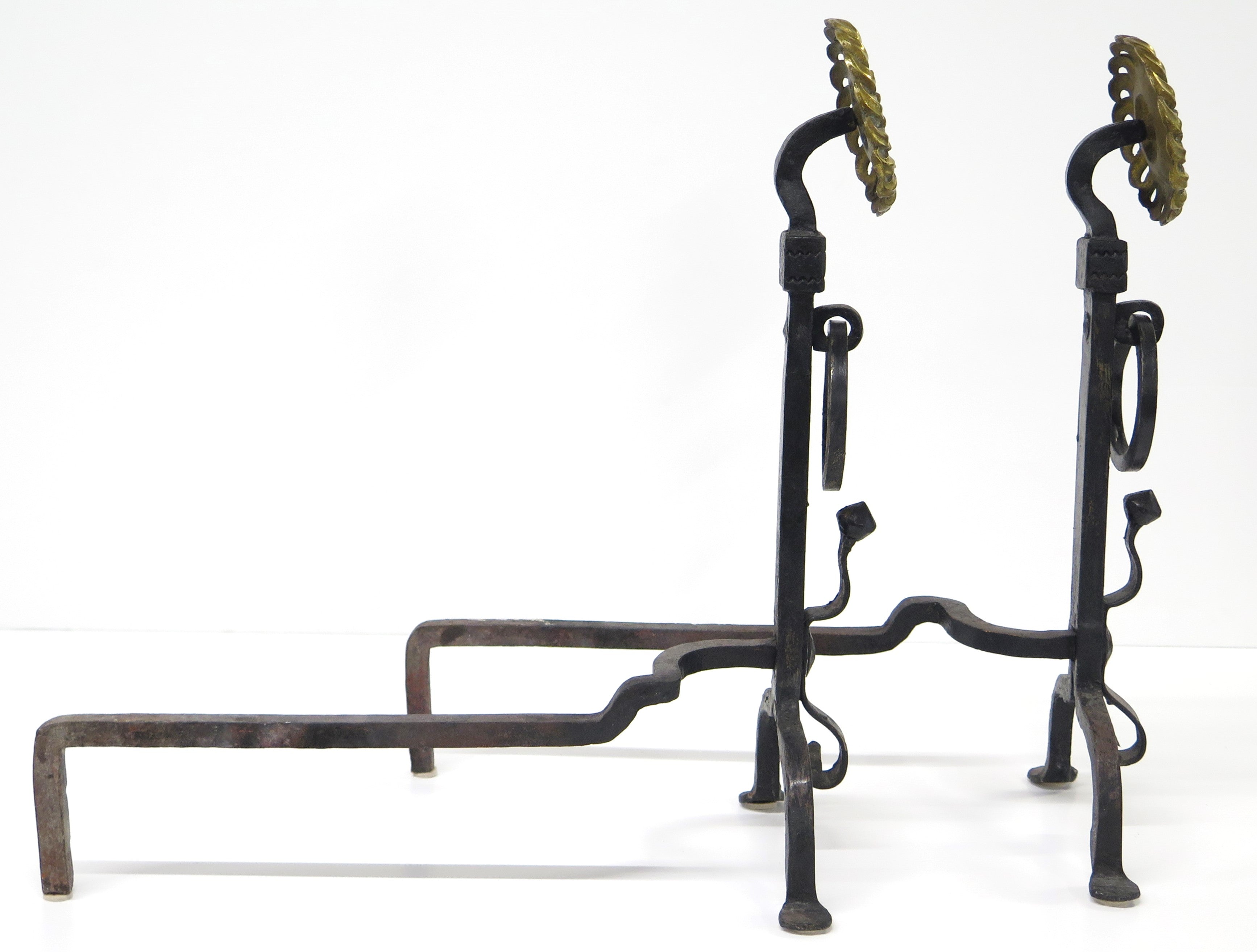 English Turn of the Century Brass and Iron Sunflower Andirons