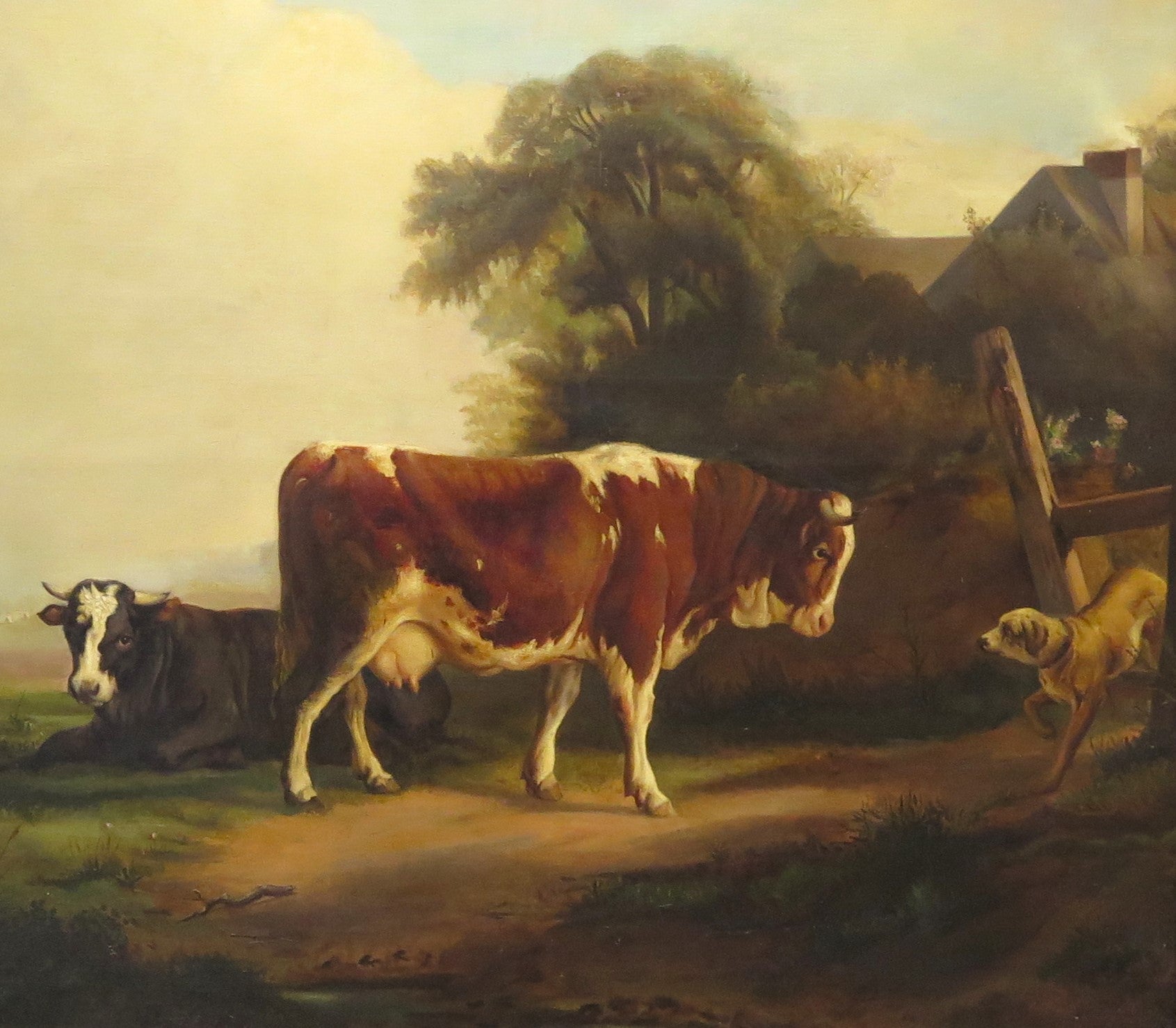 Large Oil on Canvas of a Landscape with Cows, Goats and a Dog. by Jacques Raymond Brascassat