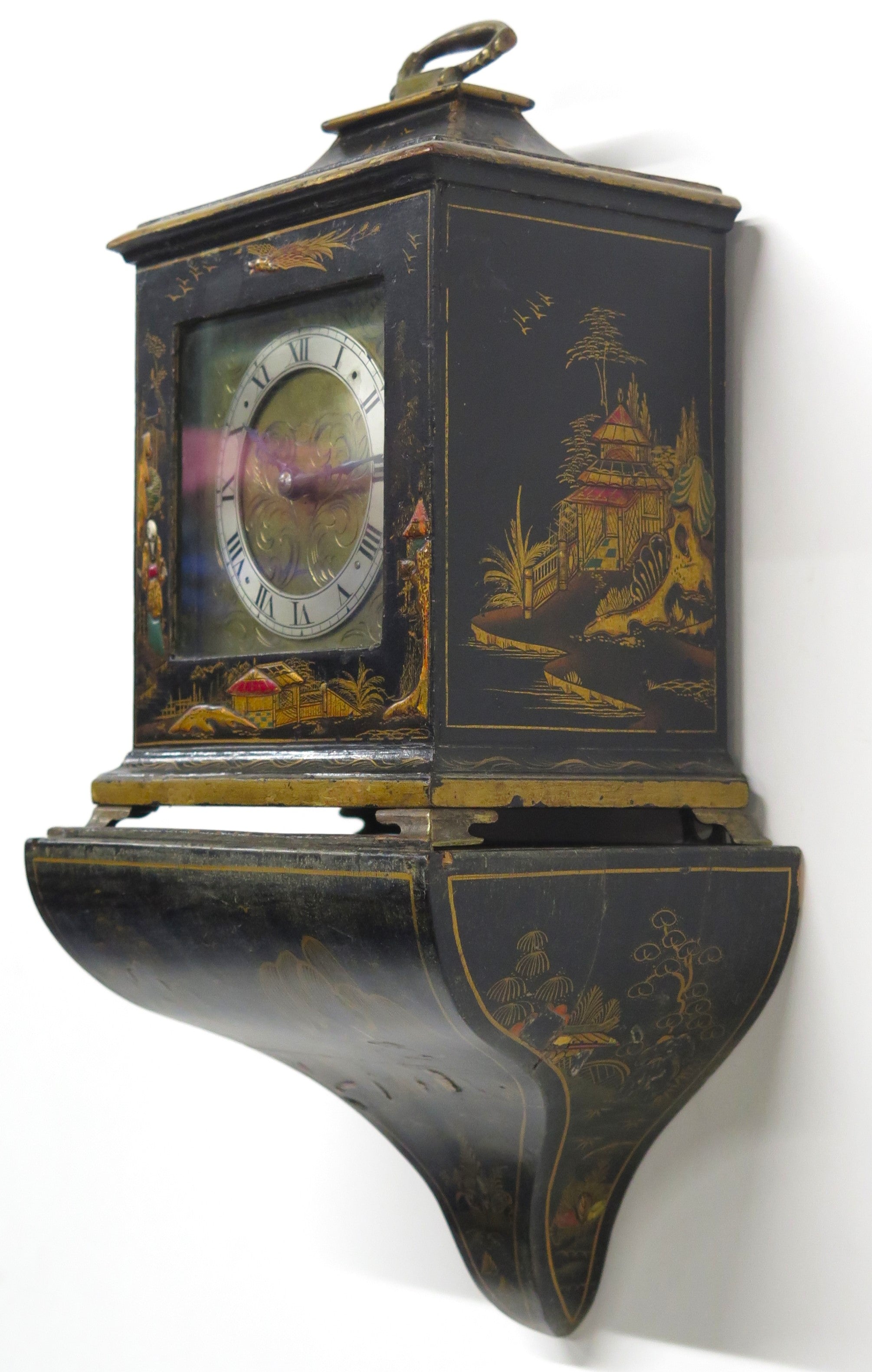 A Charming French Black Lacquer Chinoisorie Japanned Bracket Clock