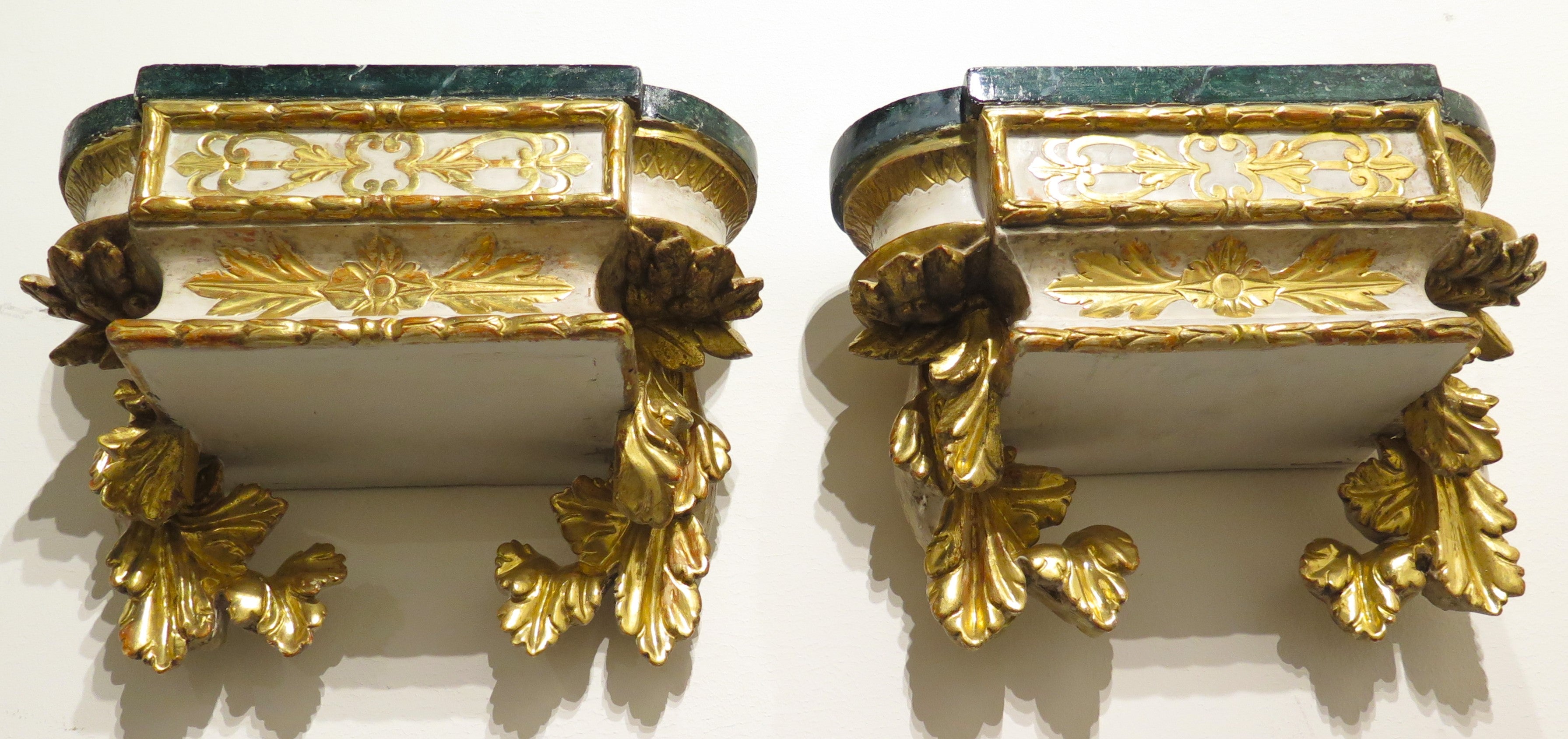 Pair of Carved Painted and Parcel Gilt Wall Brackets