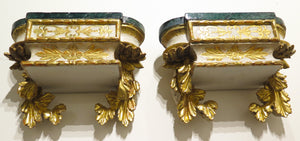 Pair of Carved Painted and Parcel Gilt Wall Brackets