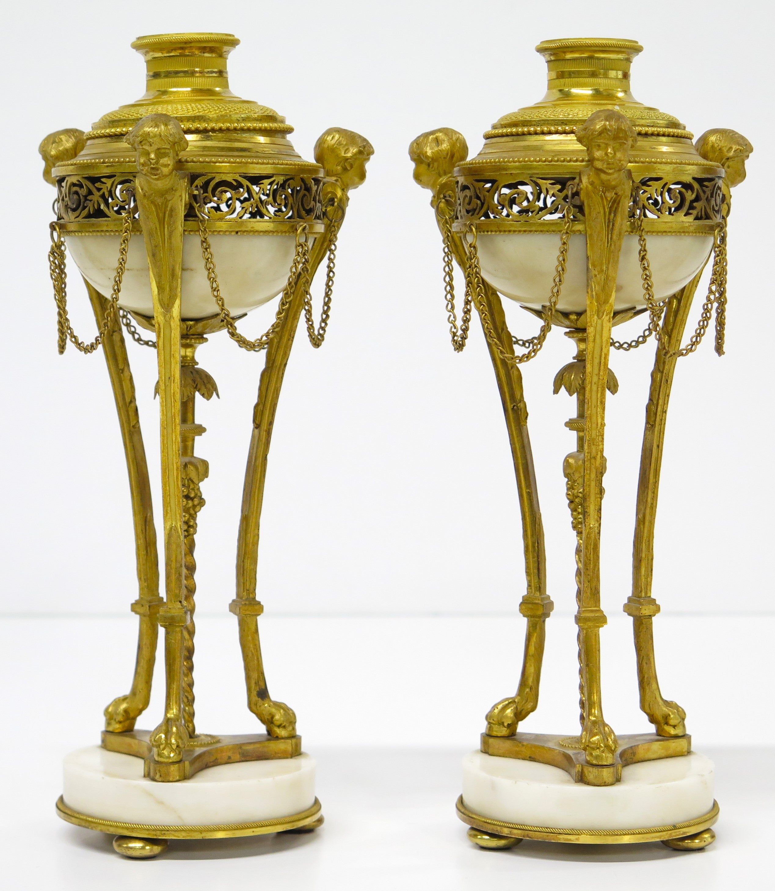A Pair of Louis XVI Ormolu and White Marble Cassolettes