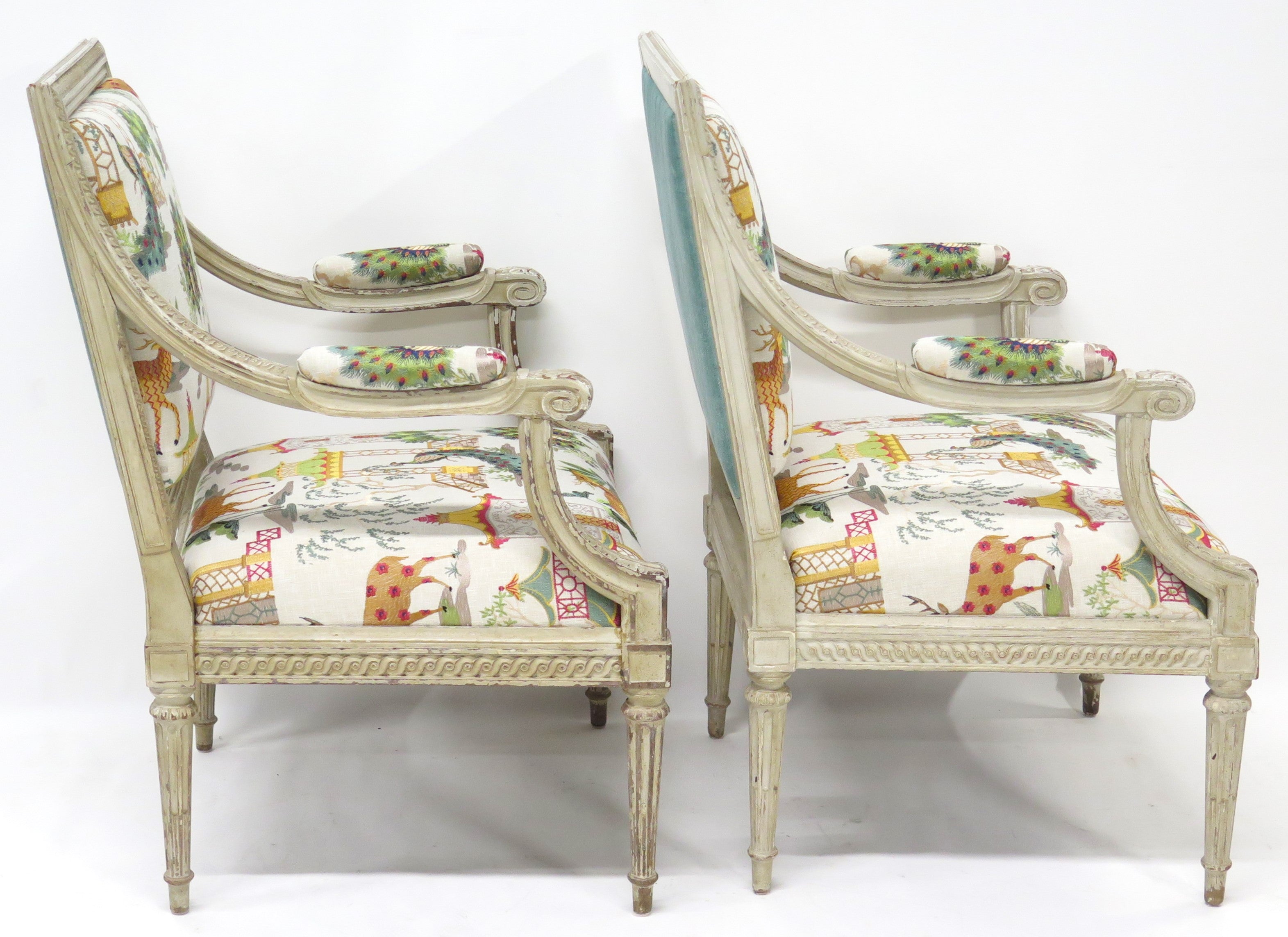 A Pair of Louis XVI Style Cream Colored Nicely Carved Fauteuils