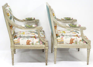 A Pair of Louis XVI Style Cream Colored Nicely Carved Fauteuils