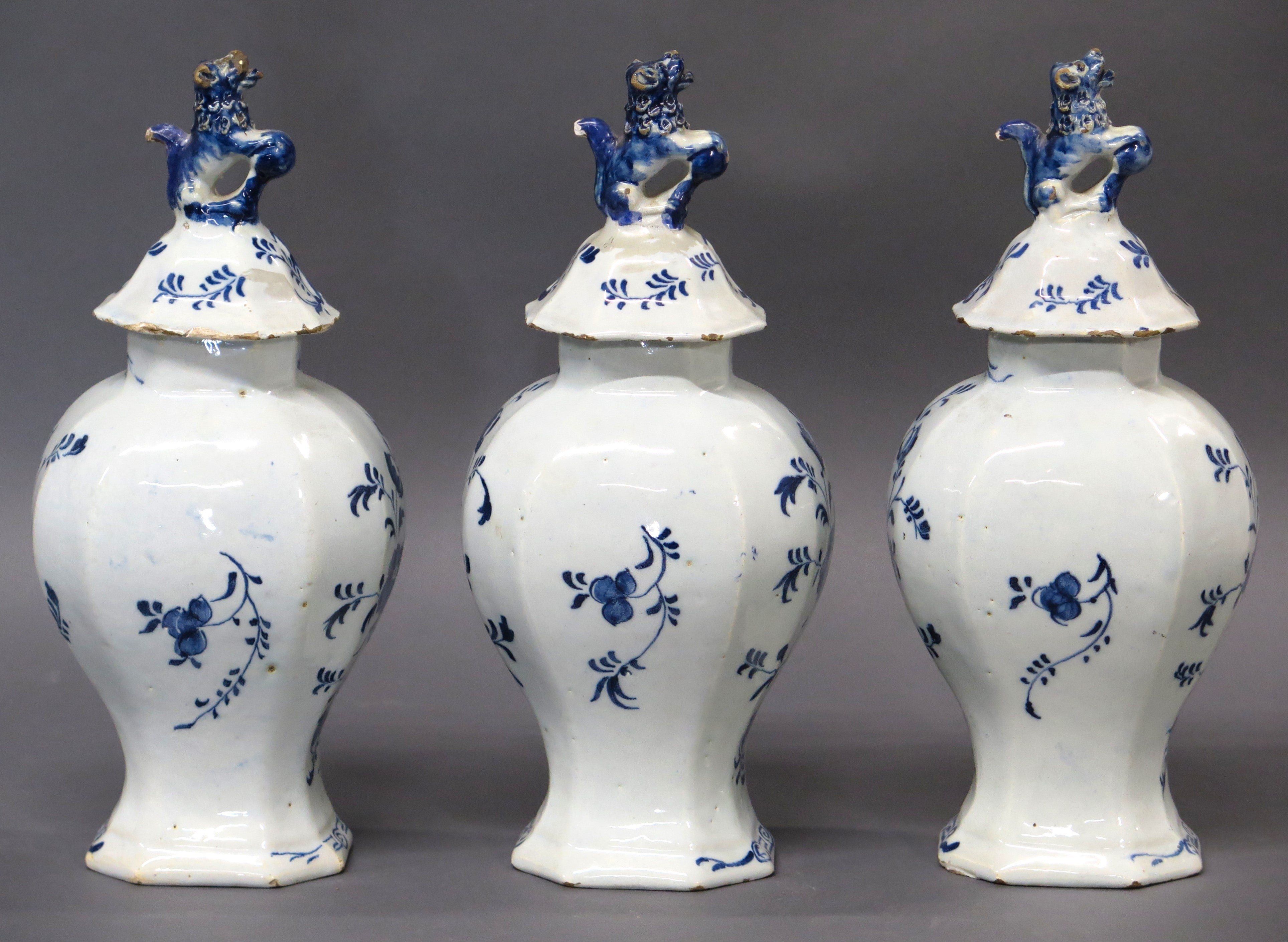 18th Century Dutch Delft 3-Piece Garniture ~ Lidded Vase Set