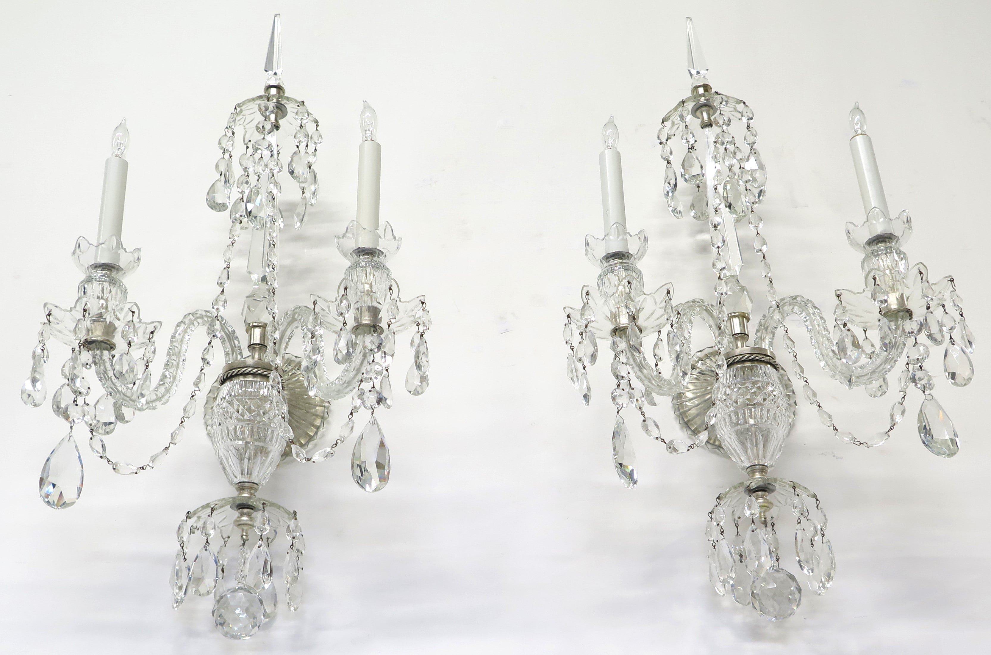 A Large Scale Pair of Georgian Design Two Light Crystal Sconces