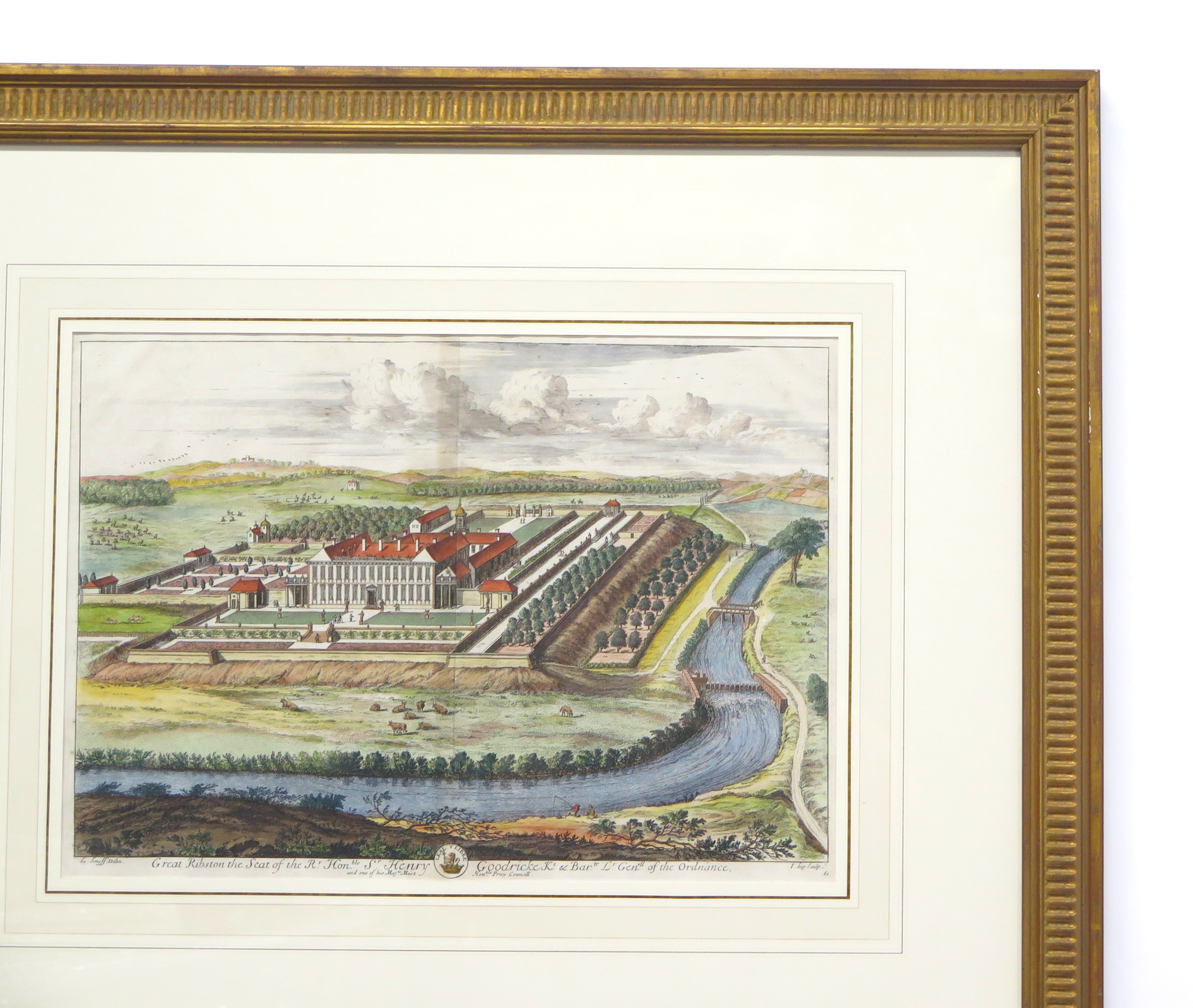 Bird's Eye View of Great Ribston (Ribston Hall) Colored Copper Plate E ...