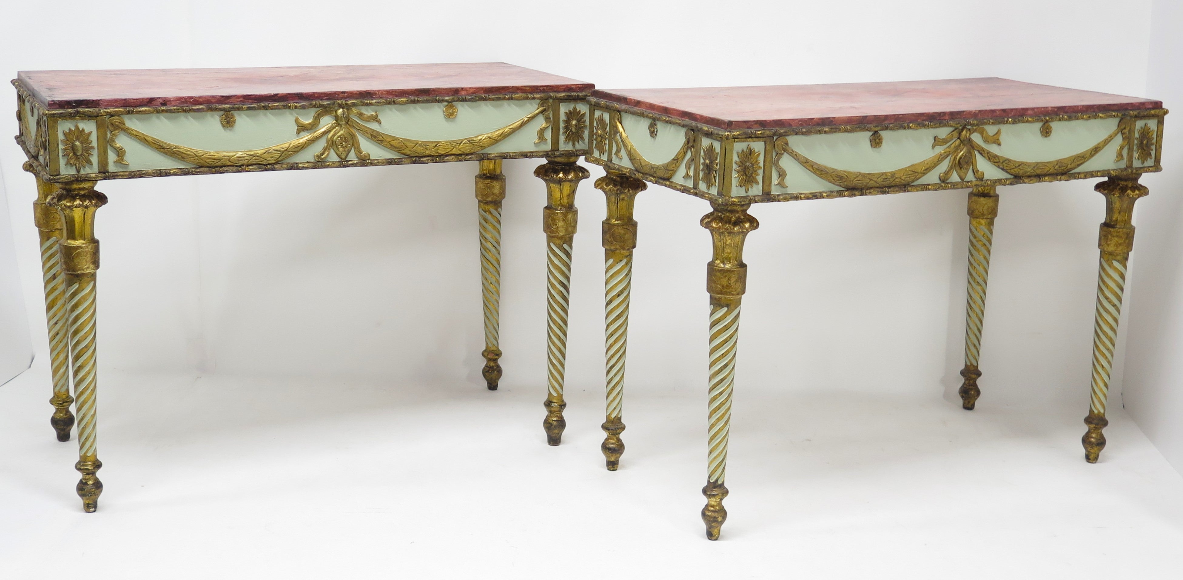 Neoclassic Style Painted Console Tables with Faux Marble Tops