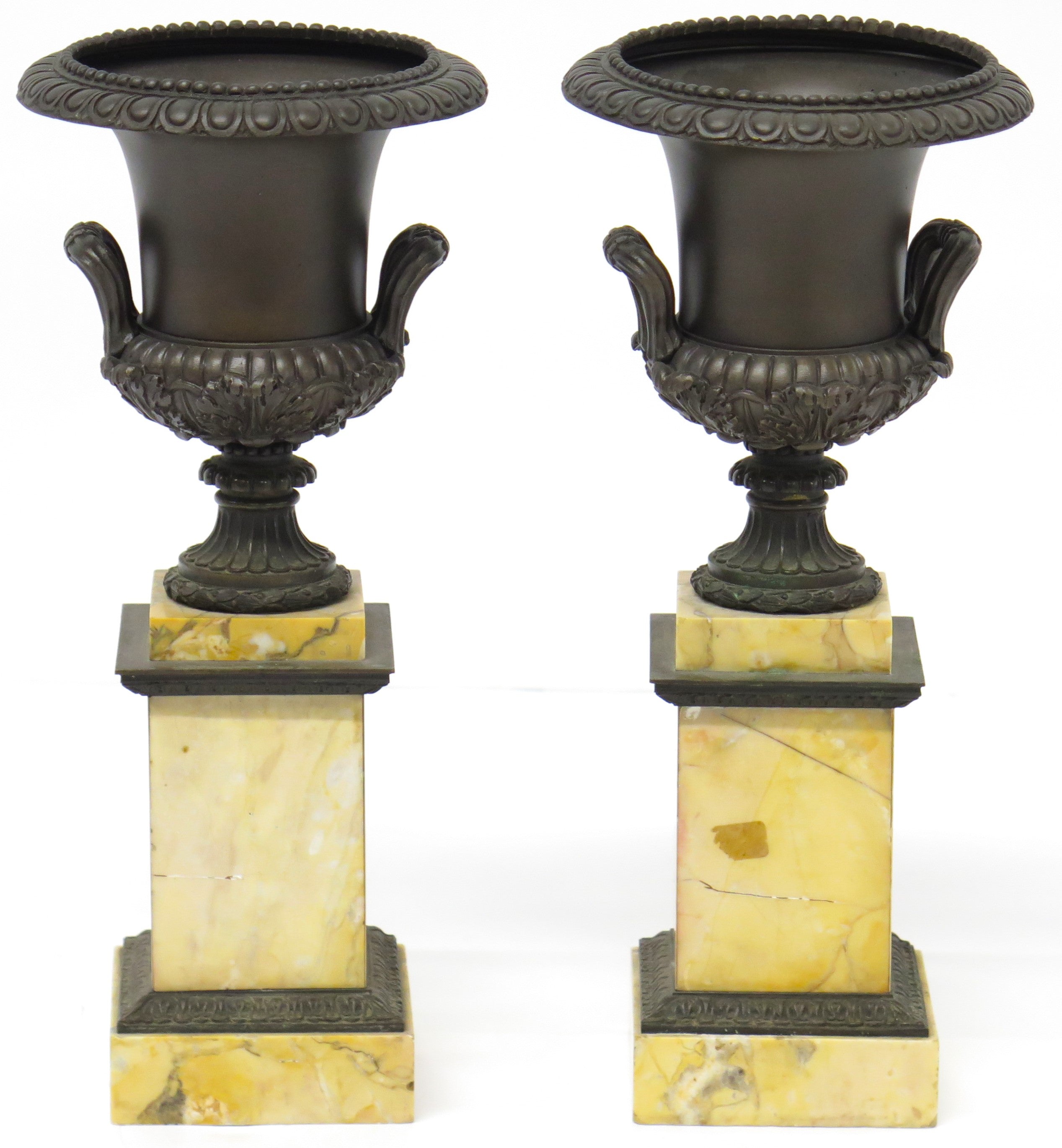 A Pair of French Restoration Patinated Bronze and Siena Marble Vases