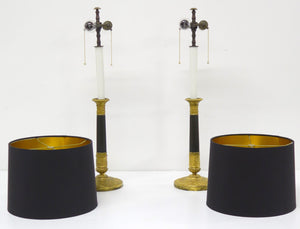 Pair of Charles X Bronze Doré and Patinated Bronze Candlesticks as Custom Lamps