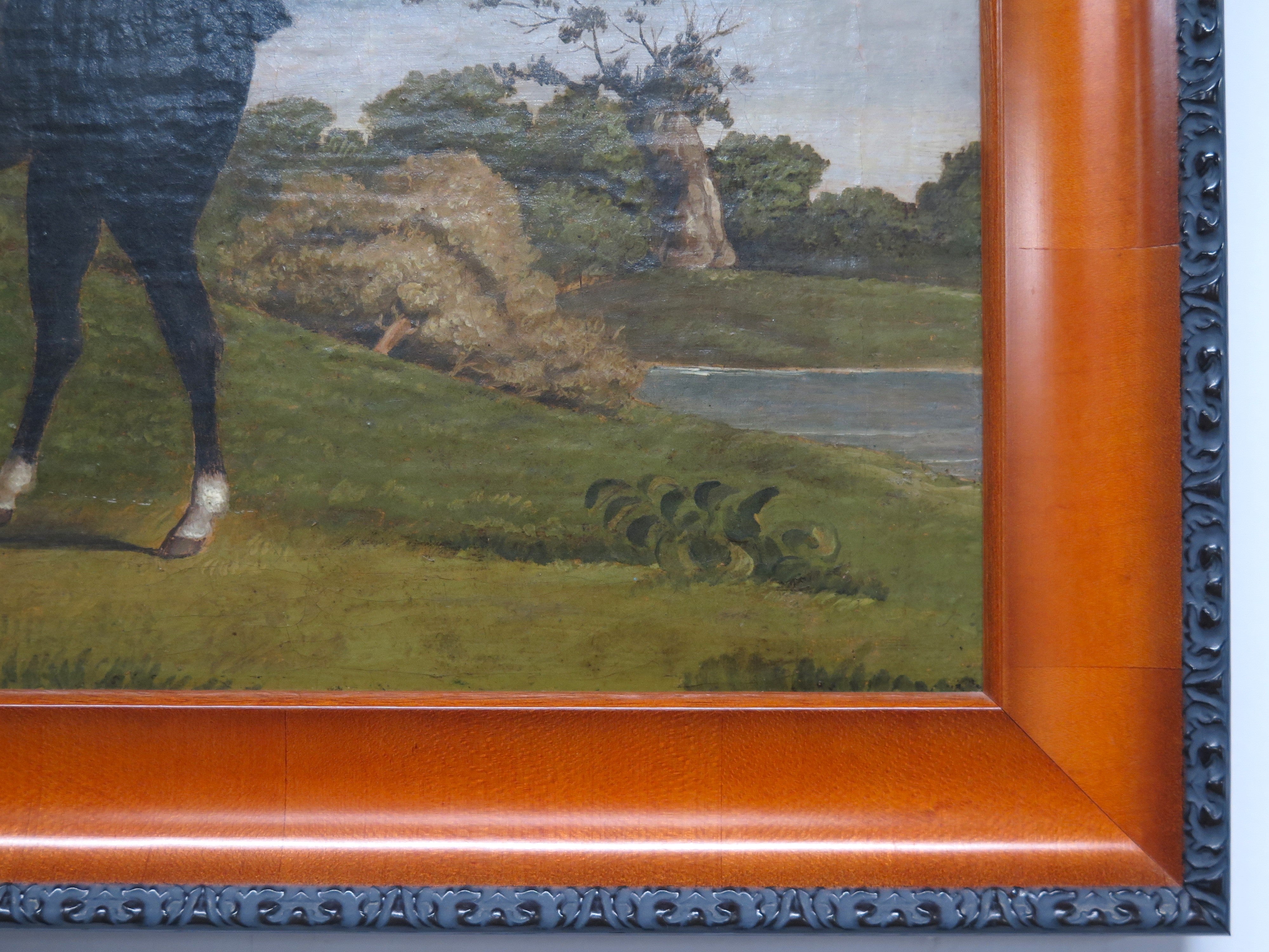 A Nicely Painted English School Oil on Canvas of a Black Horse in a Landscape