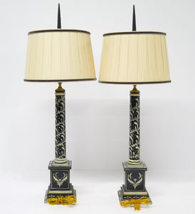 Pair of Black and White Painted Wooden Column Table Lamps