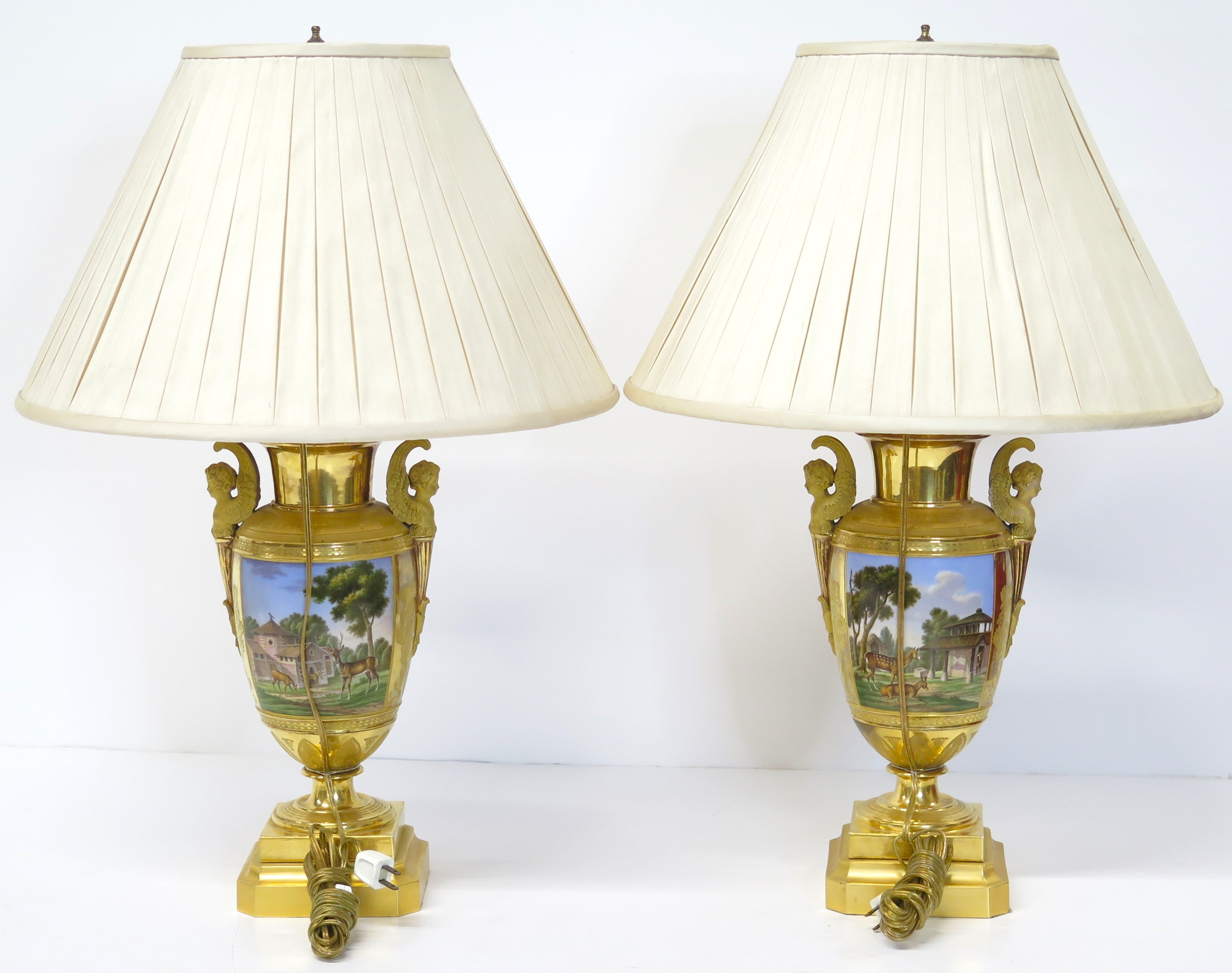 Pair of Gilt Bronze and "Old Paris" Porcelain Neoclassical Table Lamps