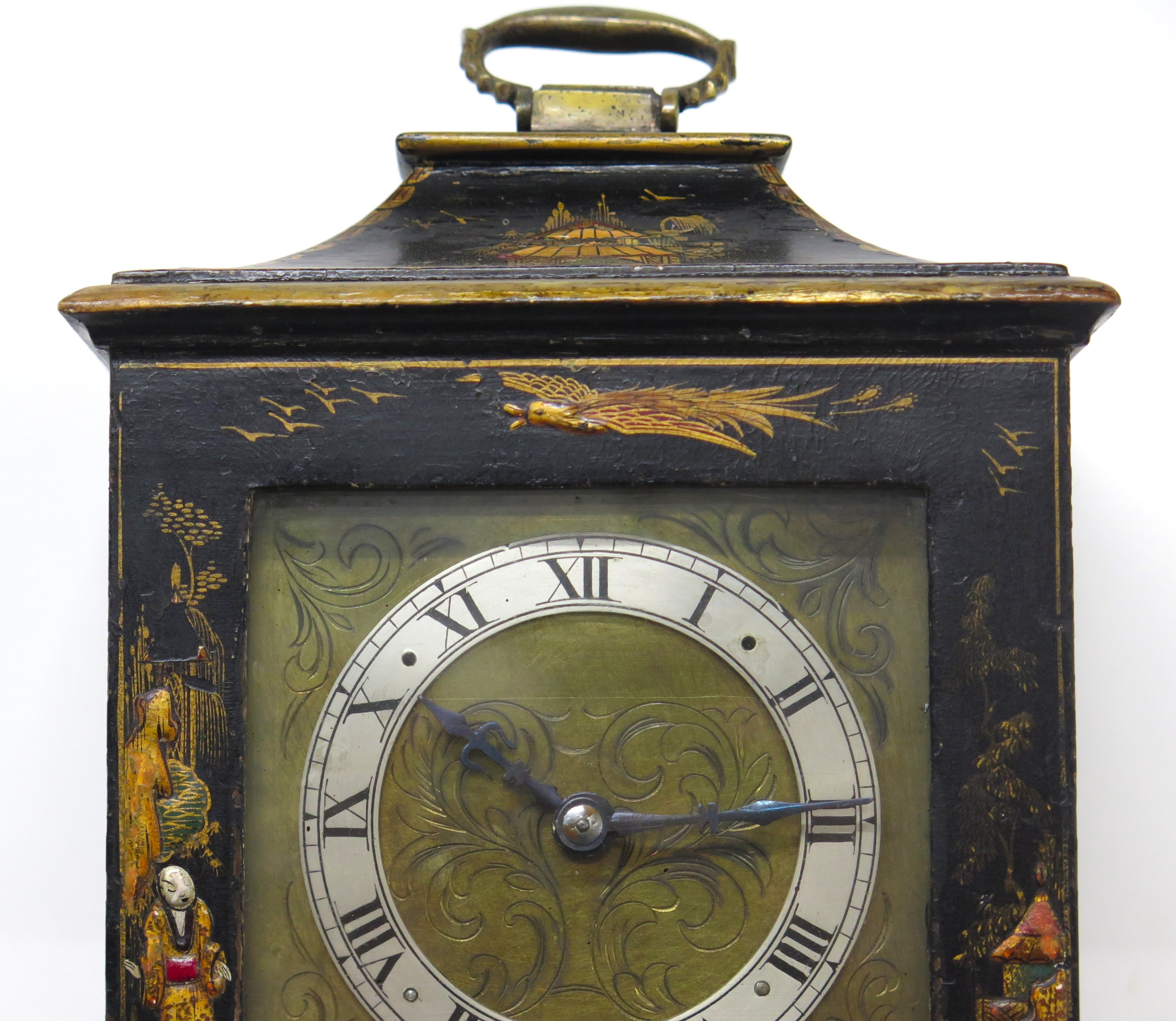 A Charming French Black Lacquer Chinoisorie Japanned Bracket Clock