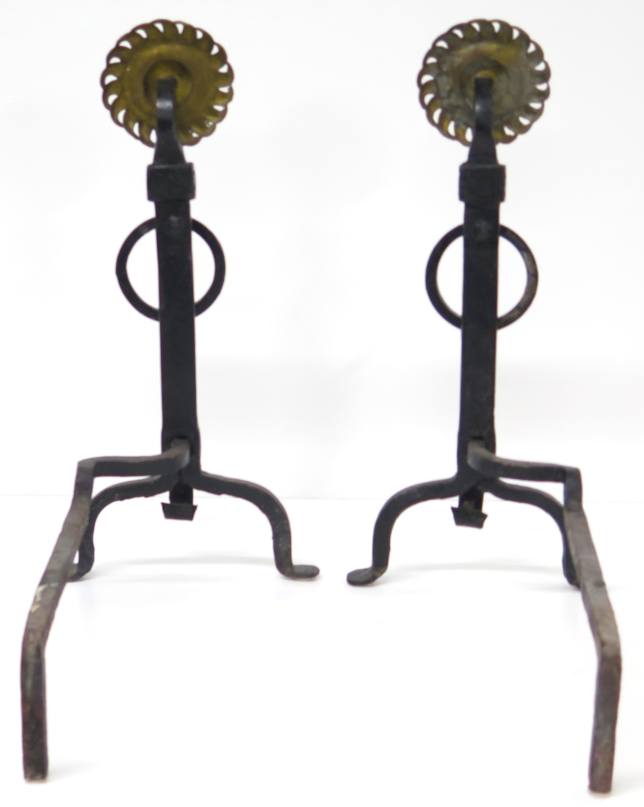 English Turn of the Century Brass and Iron Sunflower Andirons