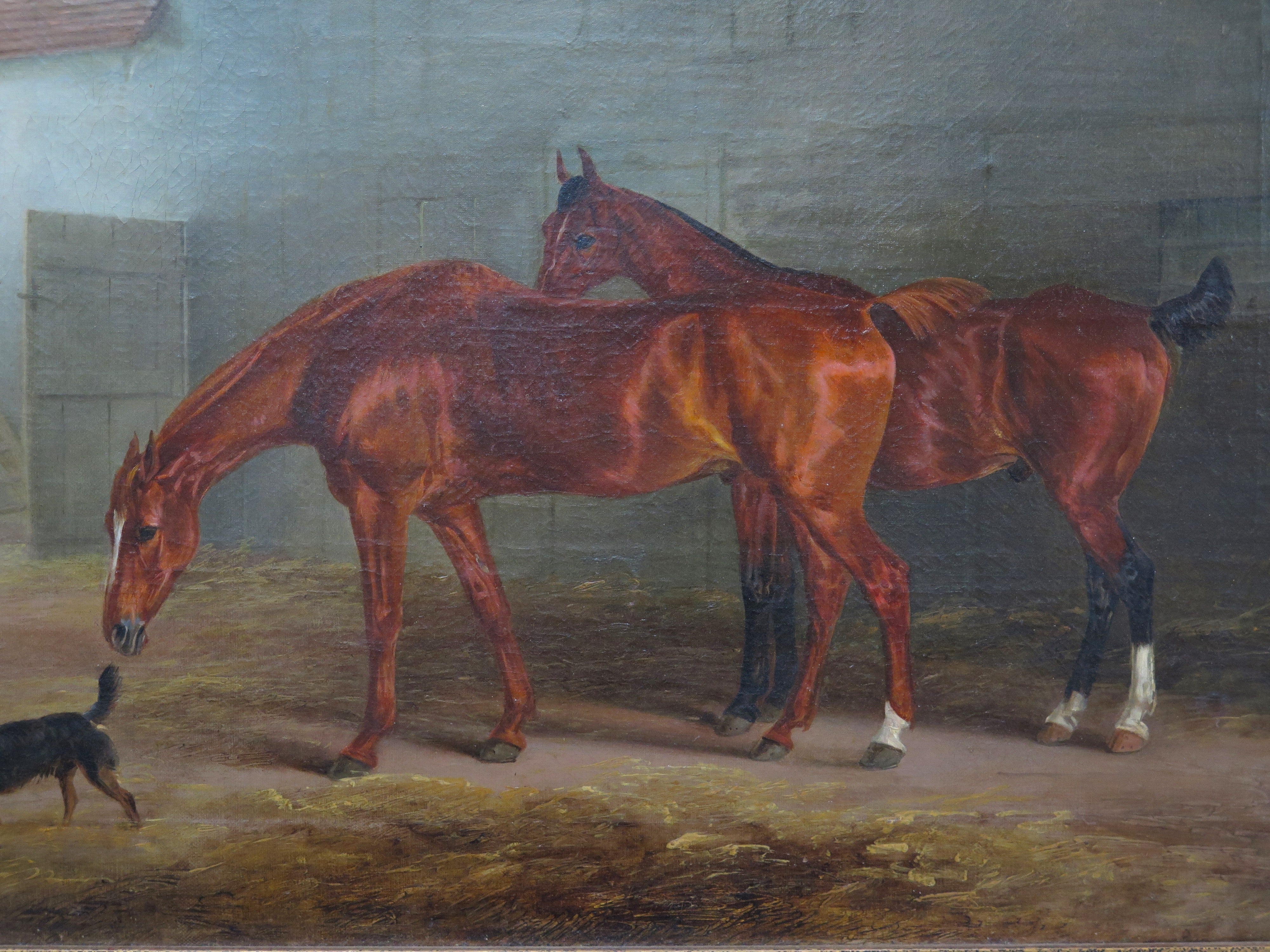 English School Oil on Canvas Depicting Horses and Dogs in a Stable