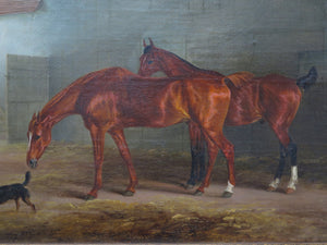 English School Oil on Canvas Depicting Horses and Dogs in a Stable