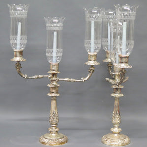 Sheffield Silver Candelabra with Etched Hurricane Shades