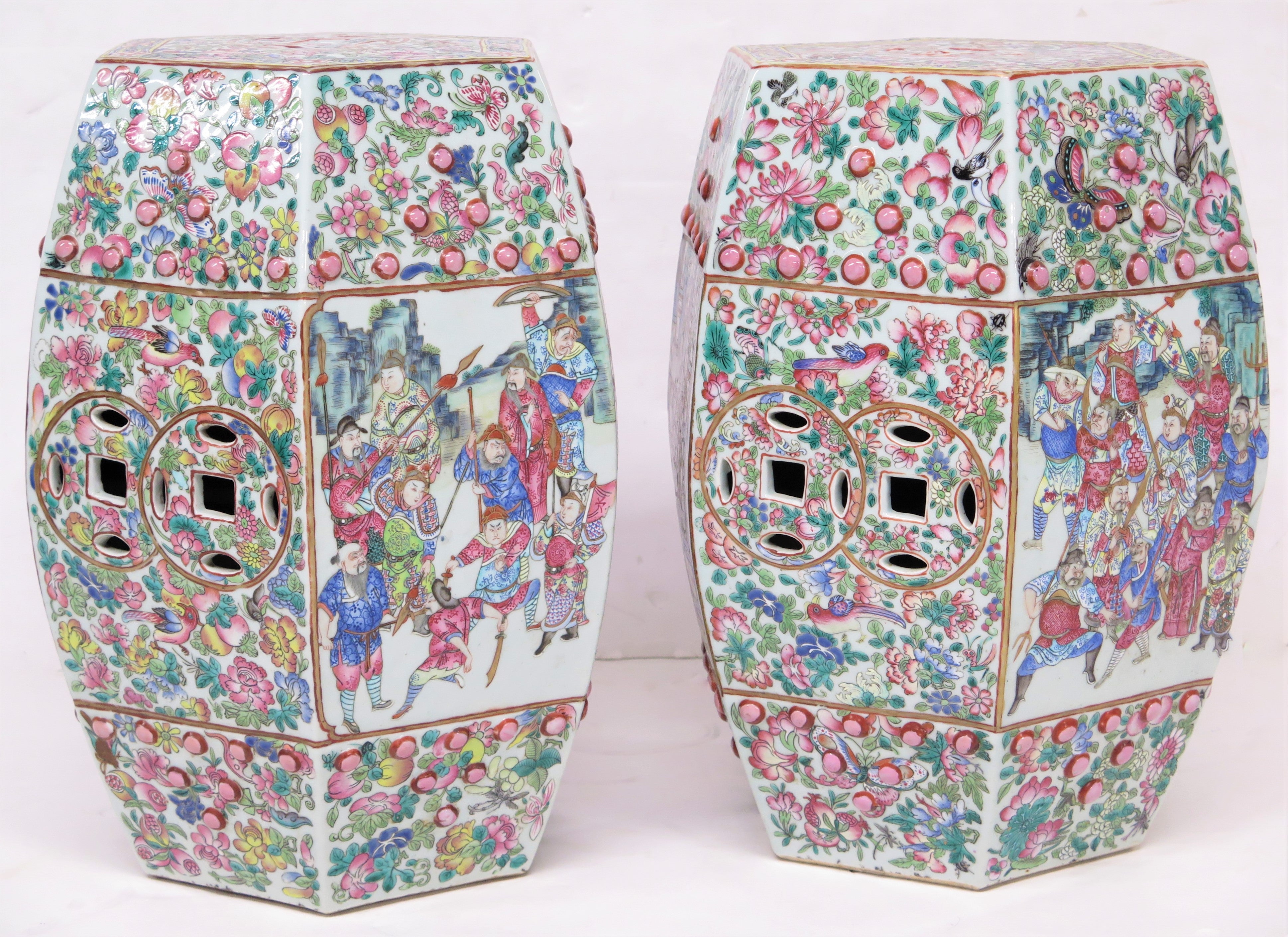 Pair of Antique Chinese Porcelain Faceted Barrel Shaped Garden Seats