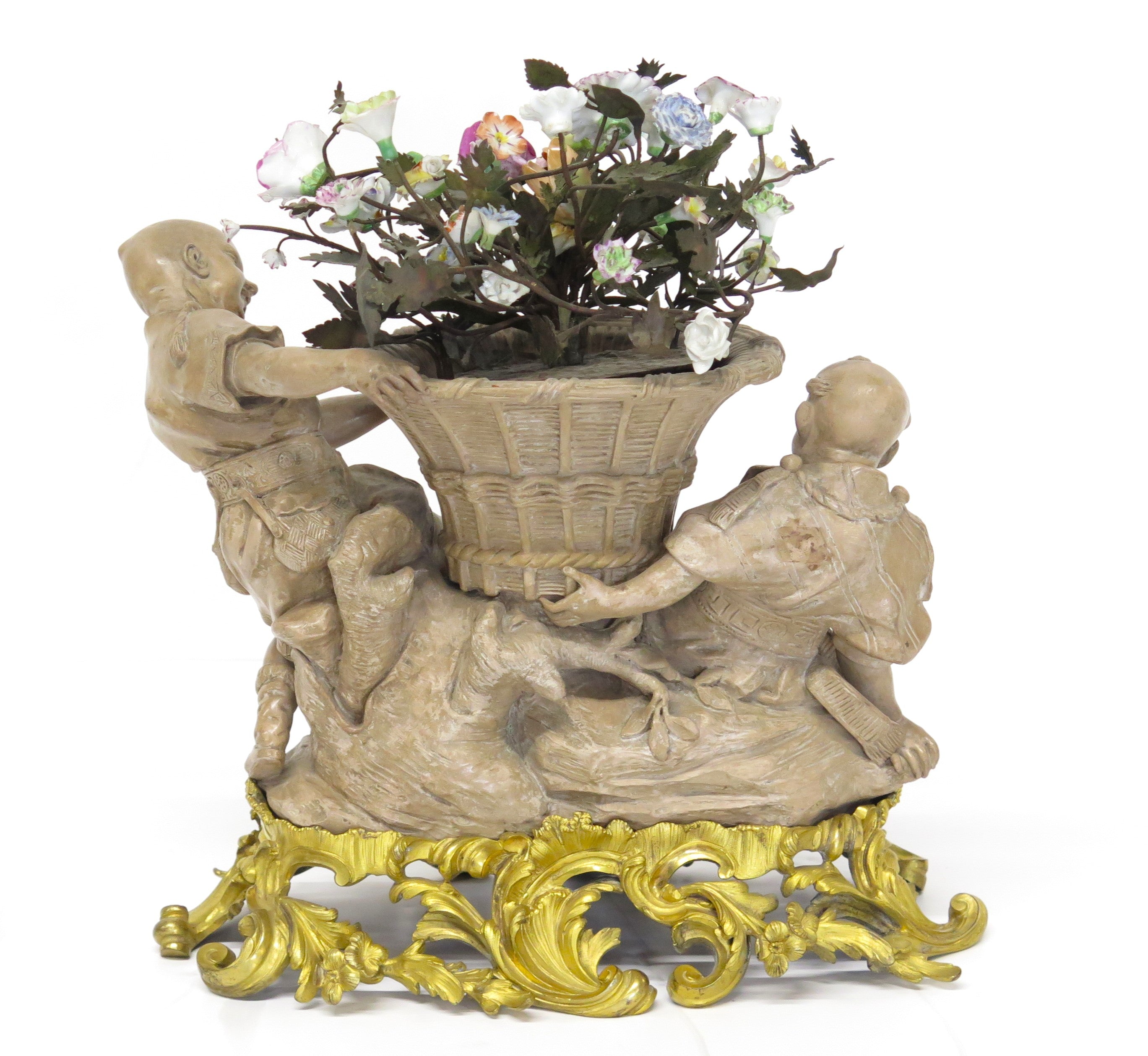 A Louis XV-Style Ormolu Mounted Terracotta Tôle Painted and Porcelain Centerpiece