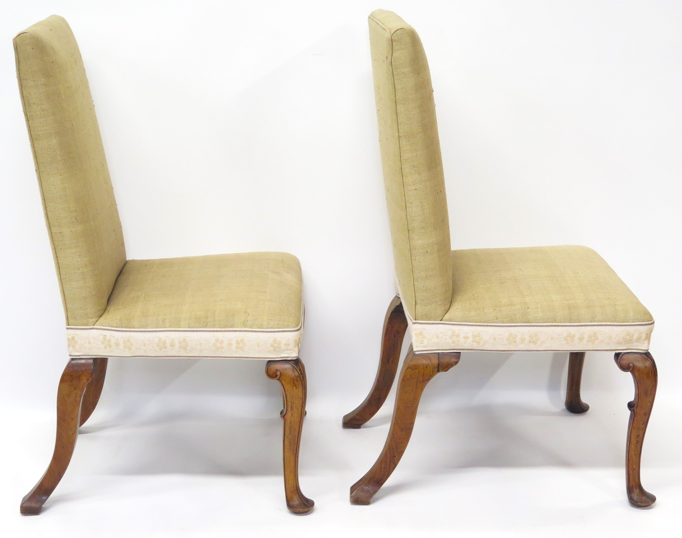 A Pair of Queen Anne Style Walnut Upholstered Backstools / Chairs