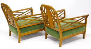 Pair of Satinwood Lounge Chairs in a Chinese-Chippendale-Style