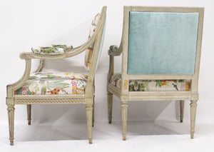 A Pair of Louis XVI Style Cream Colored Nicely Carved Fauteuils