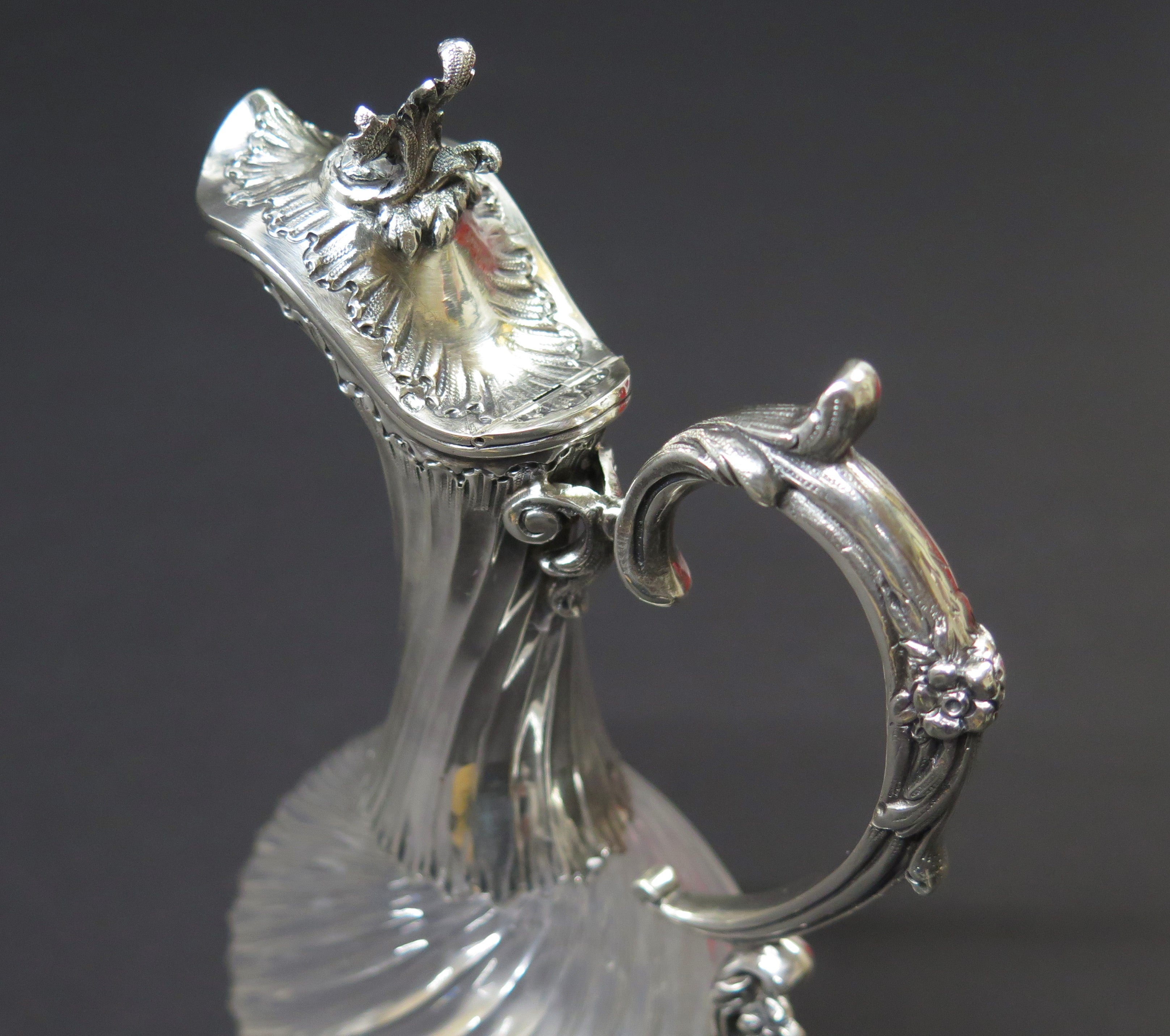 Antique French Sterling Silver Cut Crystal Claret Jug, Ewer
