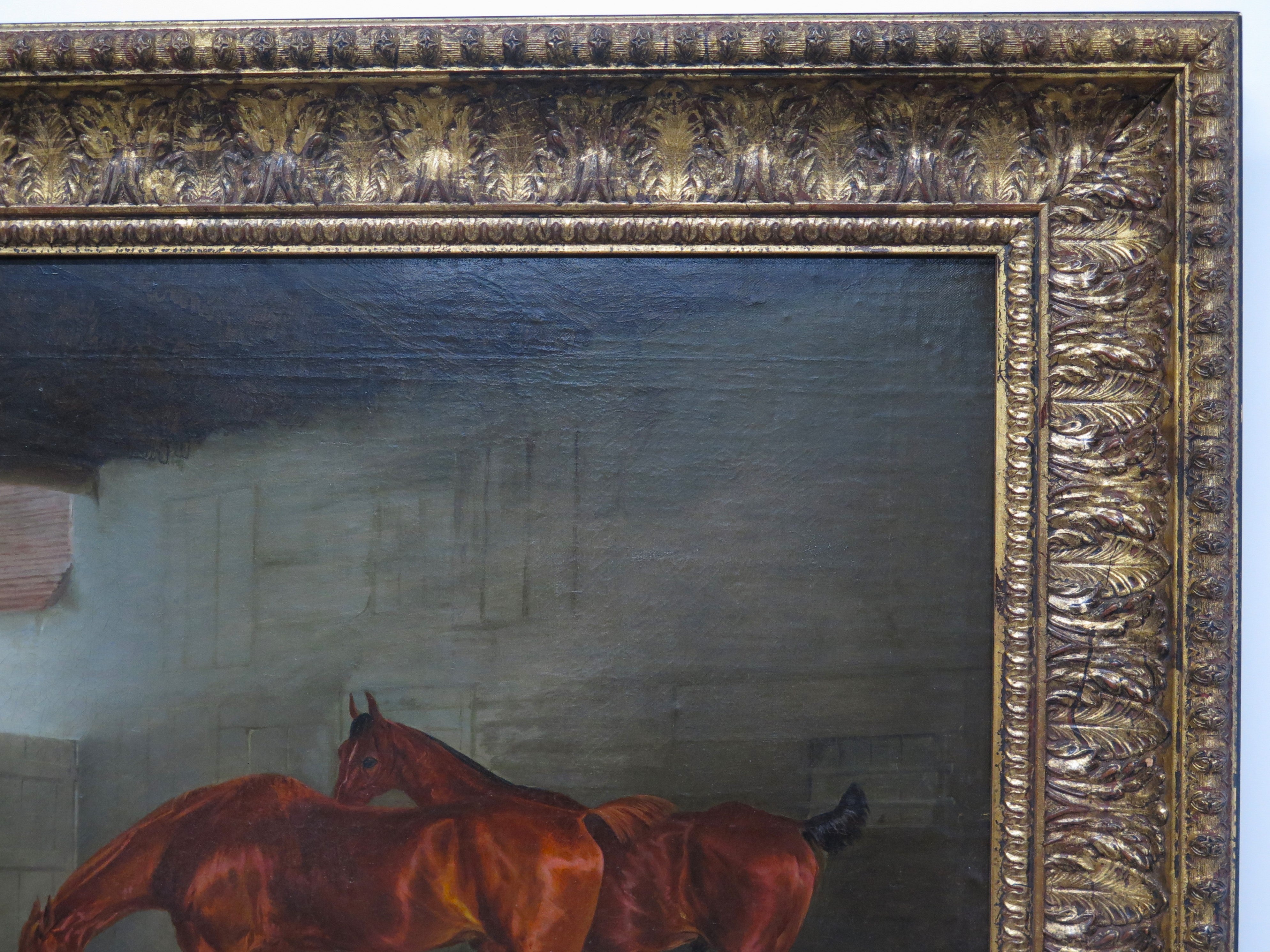 English School Oil on Canvas Depicting Horses and Dogs in a Stable