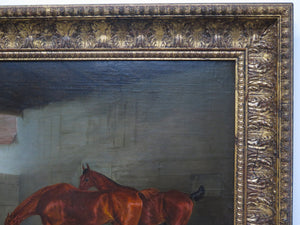 English School Oil on Canvas Depicting Horses and Dogs in a Stable