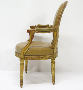 Louis XVI-Style Carved and Gilded Leather Fauteuil