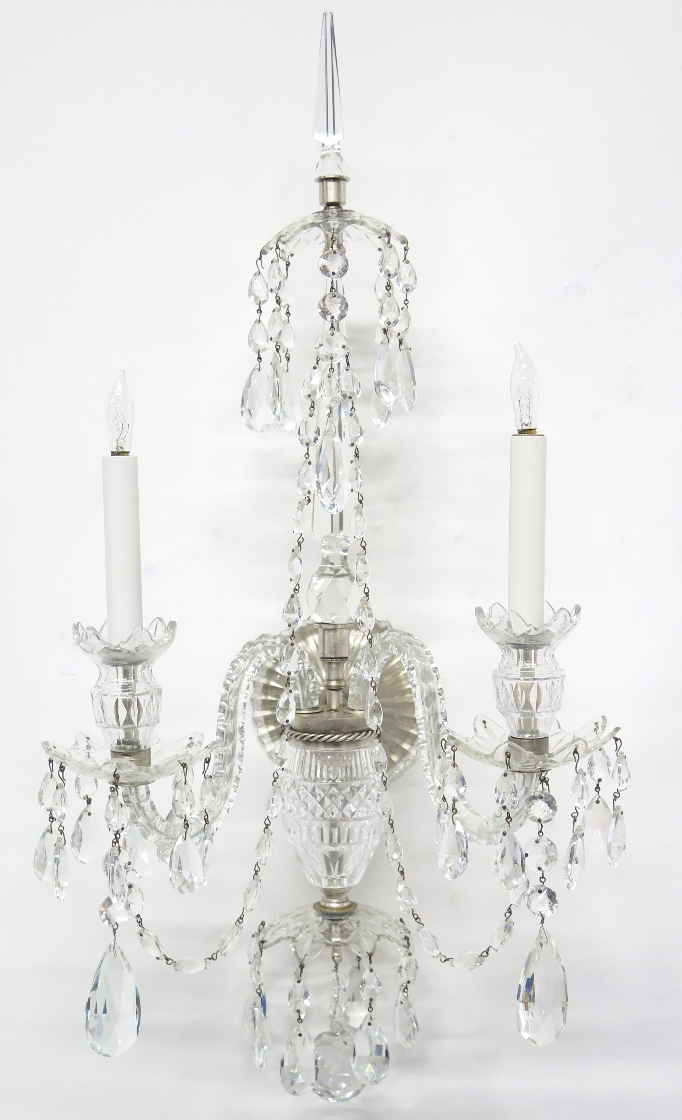 A Large Scale Pair of Georgian Design Two Light Crystal Sconces